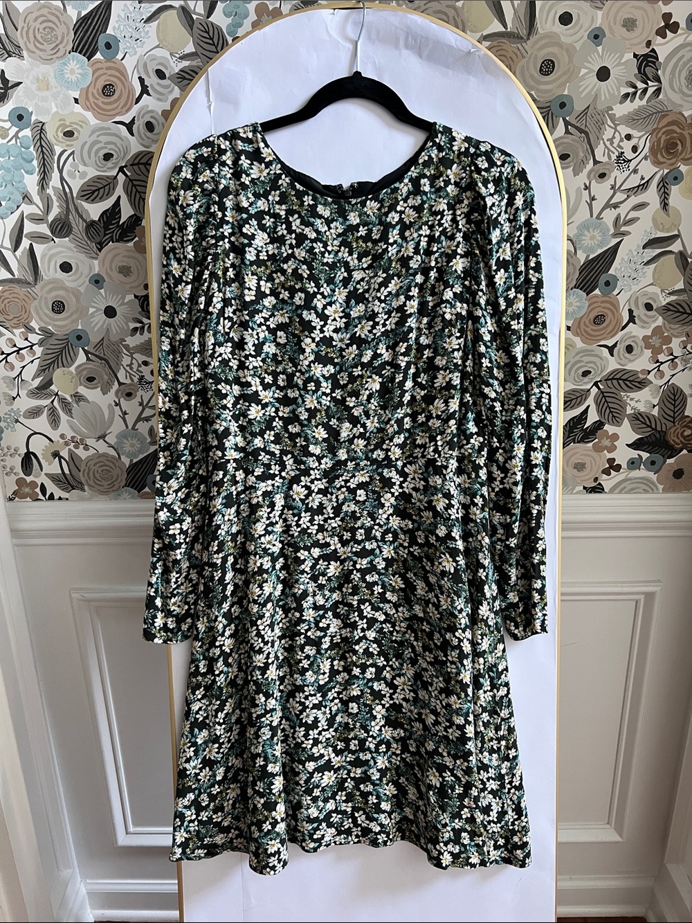 Loft Green Floral Long-Sleeve A-Line Dress